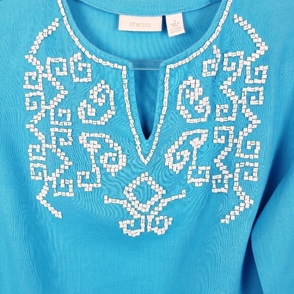 CHICO'S Turquoise Linen Cotton V-Neck White Beaded Tunic Top Size‎ 1 - Picture 3 of 6
